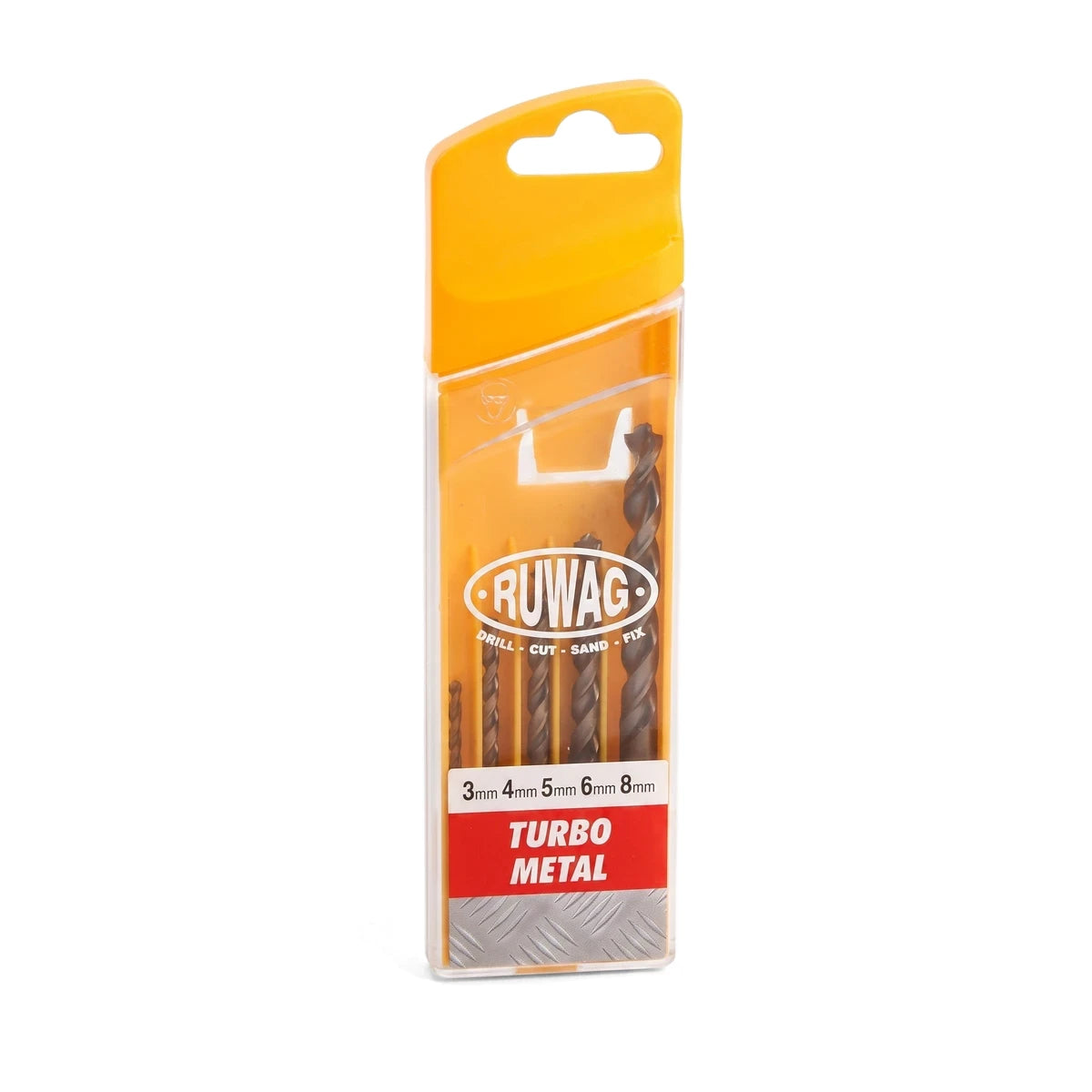 Turbo Metal Drill Bit Set 3-8mm (5-Piece) in clear orange plastic case, five steel twist bits for drilling metal.