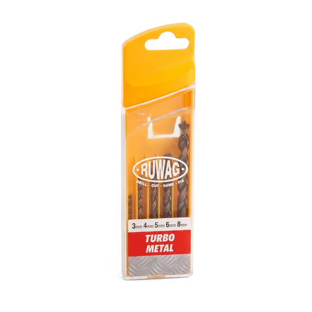 Turbo Metal Drill Bit Set 3-8mm (5-Piece) in clear orange plastic case, five steel twist bits for drilling metal.