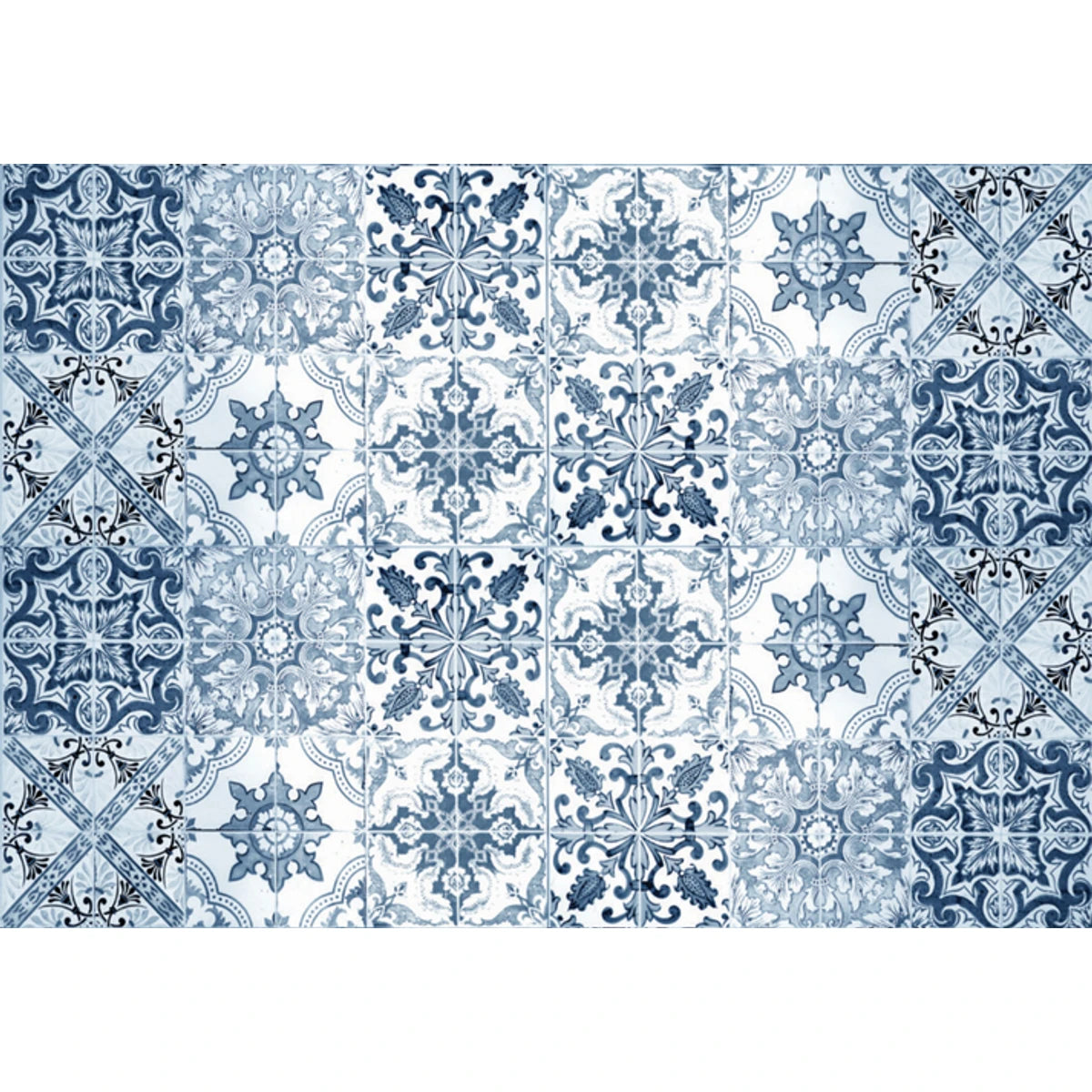 Turkish blue decorative decoupage sheet with ornate white and blue patterned tiles arranged in a mosaic. Ideal for crafts.