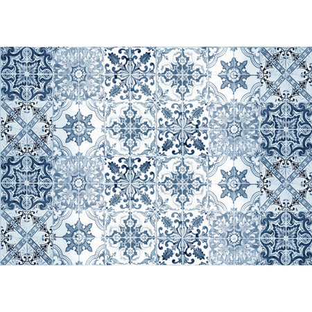 Turkish blue decorative decoupage sheet with ornate white and blue patterned tiles arranged in a mosaic. Ideal for crafts.