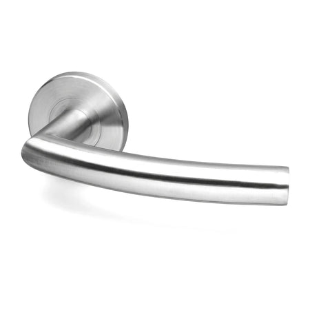 Silver brushed metal Turku On Rose handle, featuring a curved lever and a round base, shown in a close-up.