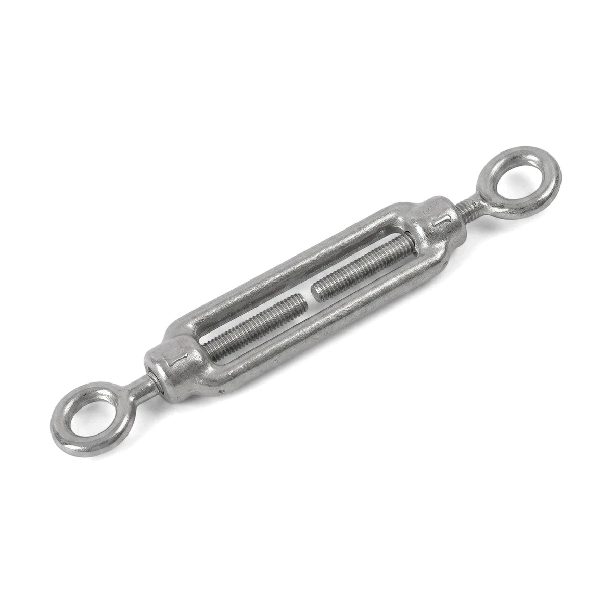 Turnbuckle Eye & Eye M6 Padlock, silver metal eye-to-eye tension adjuster shown in side view with threaded body
