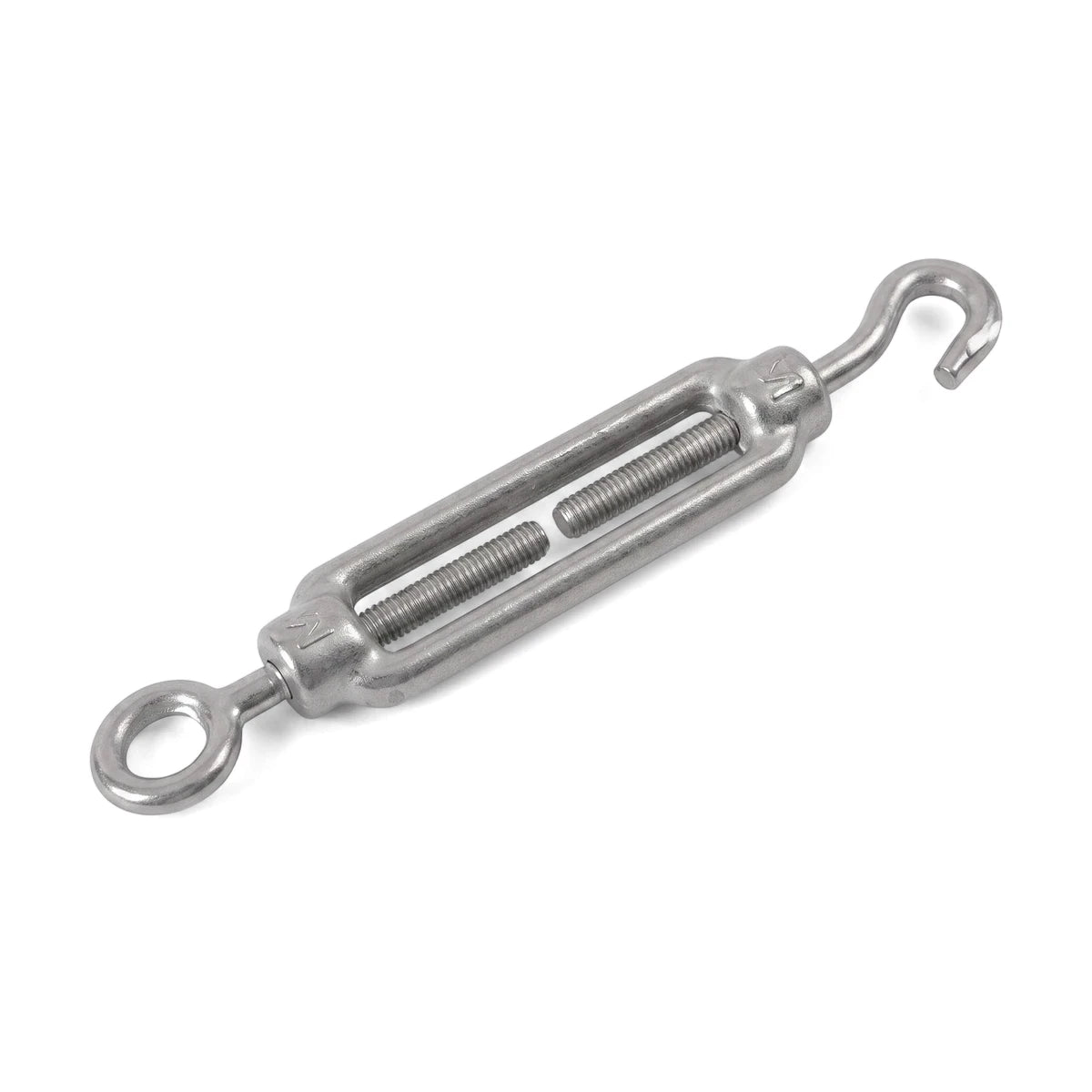 M6 Turnbuckle Hook & Eye, made of silver-colored metal, designed for tensioning with a hook on one end and an eye loop on