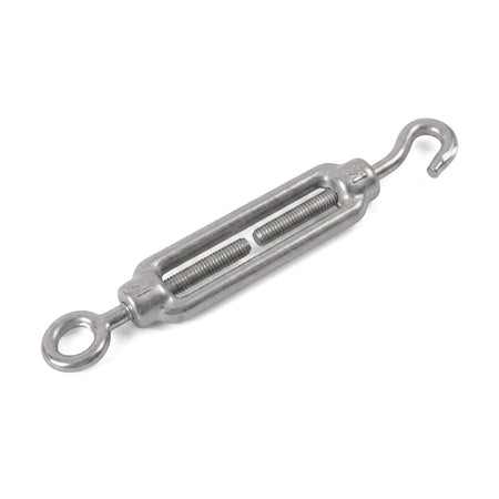 M6 Turnbuckle Hook & Eye, made of silver-colored metal, designed for tensioning with a hook on one end and an eye loop on
