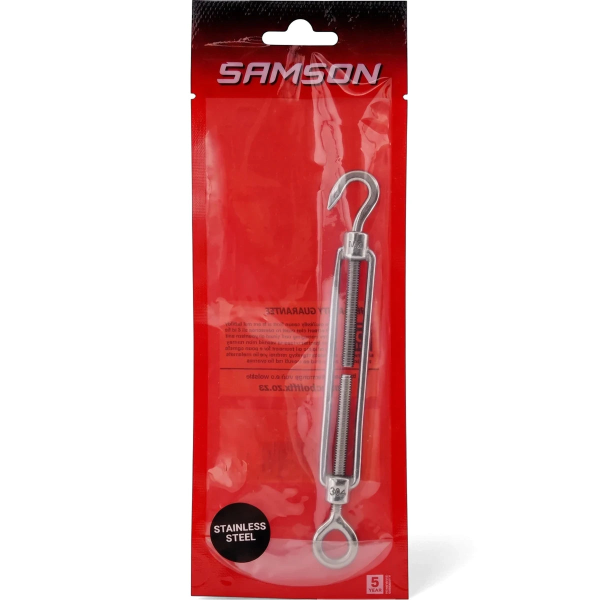 Stainless steel Turnbuckle Hook & Eye M6-Ss 304, featuring a hook end and an eye end, presented in its clear and red plastic