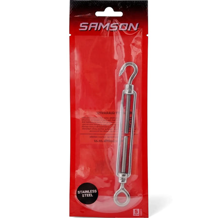 Stainless steel Turnbuckle Hook & Eye M6-Ss 304, featuring a hook end and an eye end, presented in its clear and red plastic