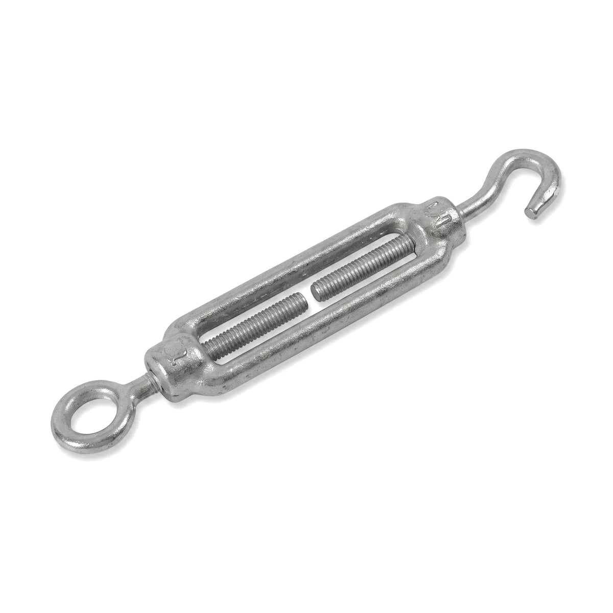 Silver metal Turnbuckle Hook & Eye M8 Padlock with an elongated body, one hook end, and one eye end, shown angled on a white