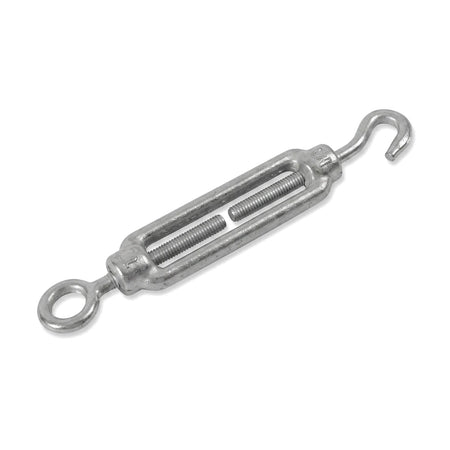 Silver metal Turnbuckle Hook & Eye M8 Padlock with an elongated body, one hook end, and one eye end, shown angled on a white