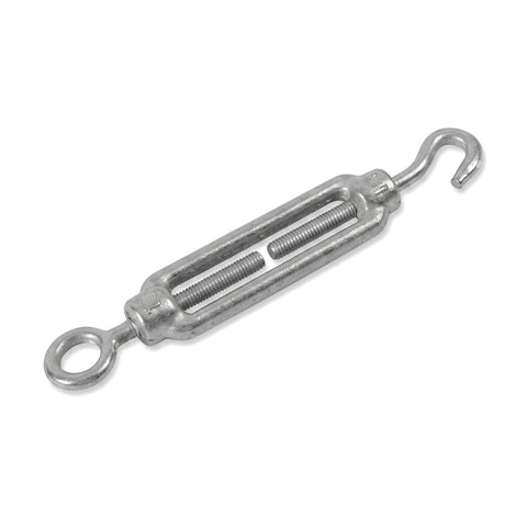 Silver metal Turnbuckle Hook & Eye M8 Padlock with an elongated body, one hook end, and one eye end, shown angled on a white