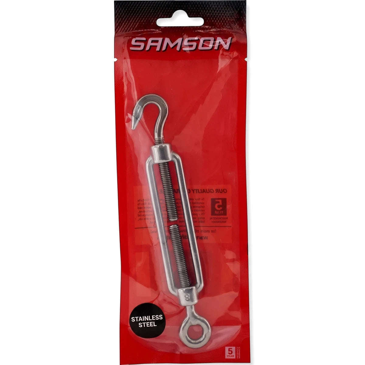 Stainless steel M8 turnbuckle hook and eye in red Samson brand packaging, shown upright on a white background.