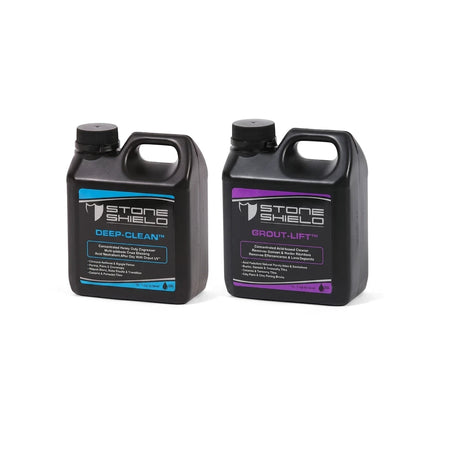Twin Pack Stone Shield Deep-Clean and Grout-Lift cleaning solutions in black plastic bottles with blue and purple labels.