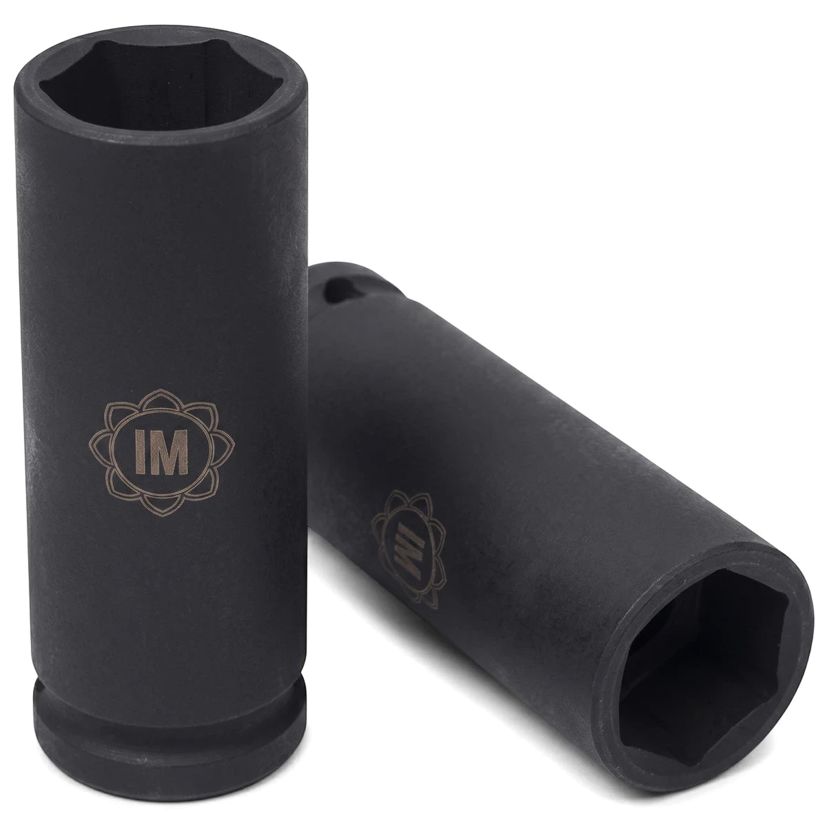 Two 1/2-inch drive 6-point deep hex sockets, 30mm, in black finish, for automotive or industrial use.