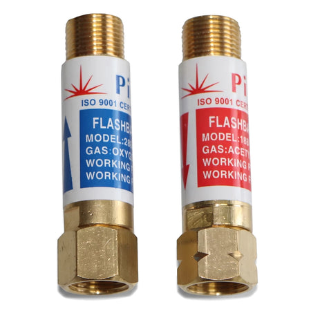 Two brass and white Flash Back Arrestors for torches, one with a blue oxygen label and one with a red acetylene label.