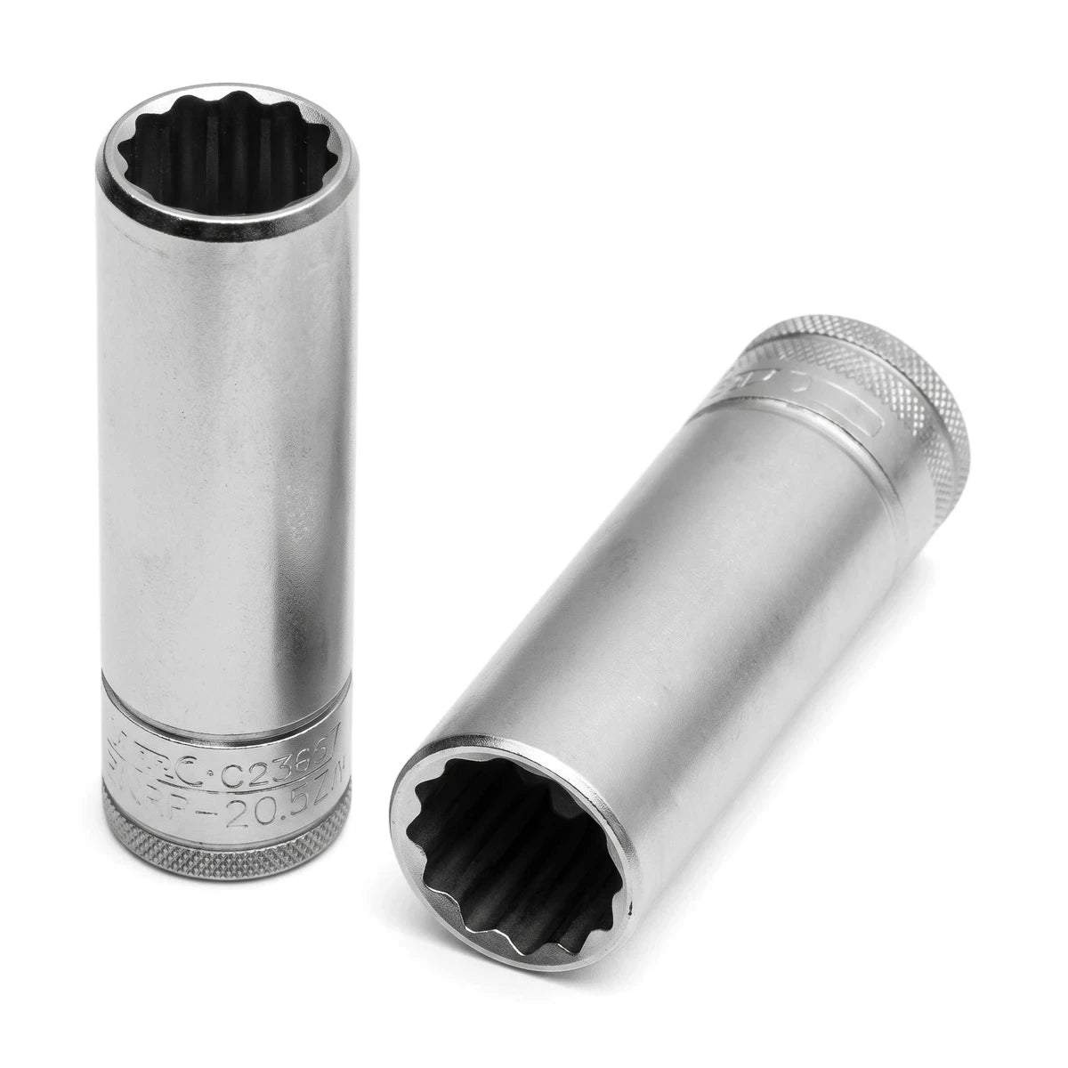Two chrome 1/2-inch drive 10mm deep sockets, one standing upright and another lying diagonally, showcasing their 12-point