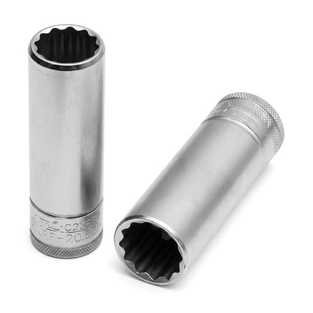Two chrome 1/2-inch drive 10mm deep sockets, one standing upright and another lying diagonally, showcasing their 12-point