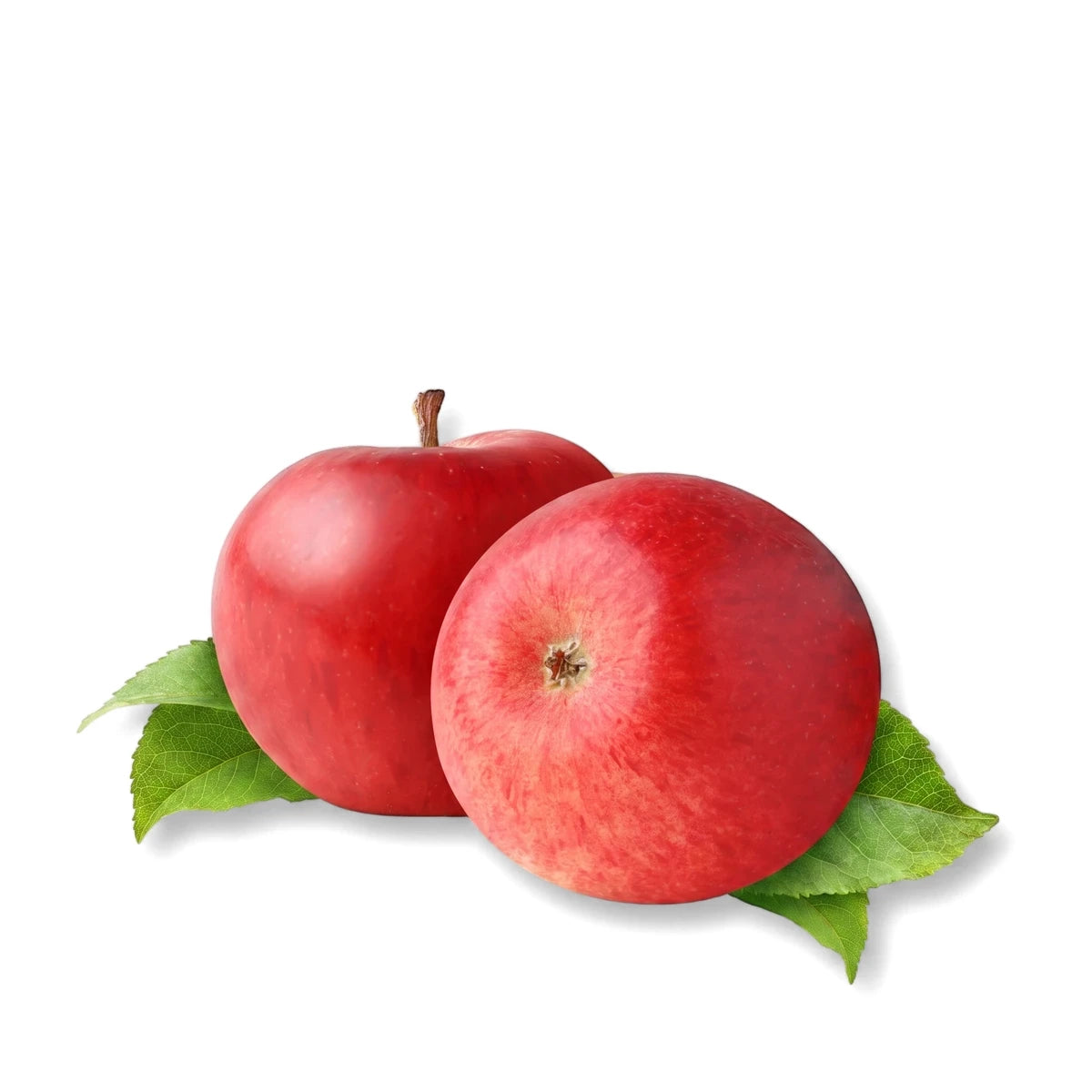 Two fresh Early Red One apples with green leaves, showcasing their vibrant red color and smooth skin.