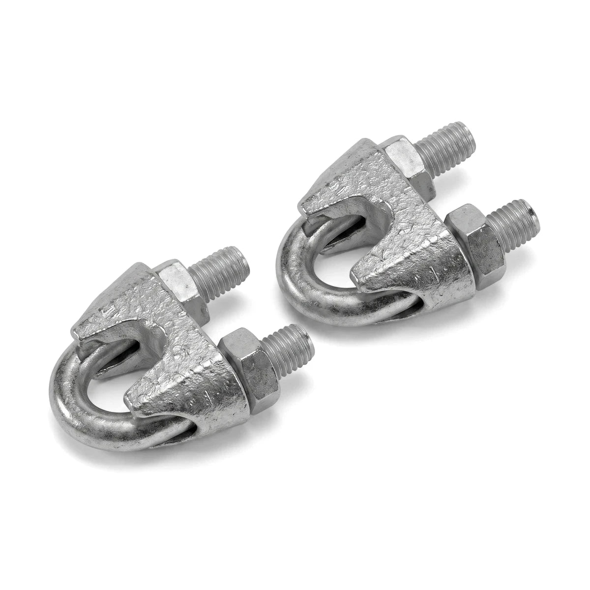 Two silver-toned M8 wire rope clamps, made of metal, are displayed from a slight overhead angle.
