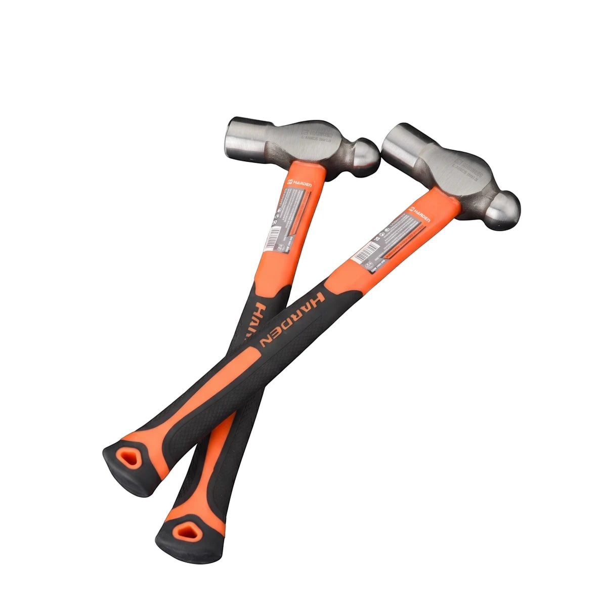 Two orange and black ball-peen hammers with fibreglass handles crossed, showing polished metal heads and ergonomic grips.