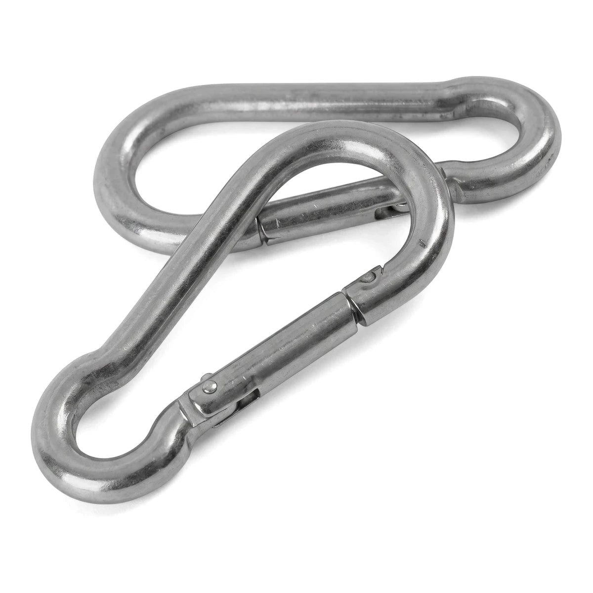 Two silver-colored M10x100 carabiner hooks, made of polished metal, are shown interlocked against a white background.