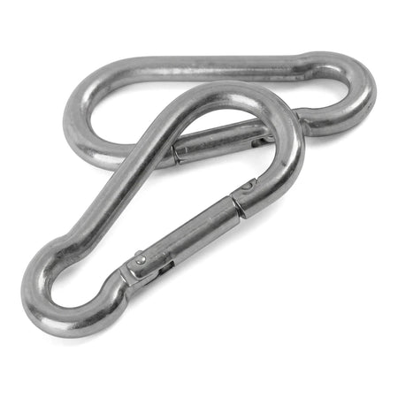 Two silver-colored M10x100 carabiner hooks, made of polished metal, are shown interlocked against a white background.