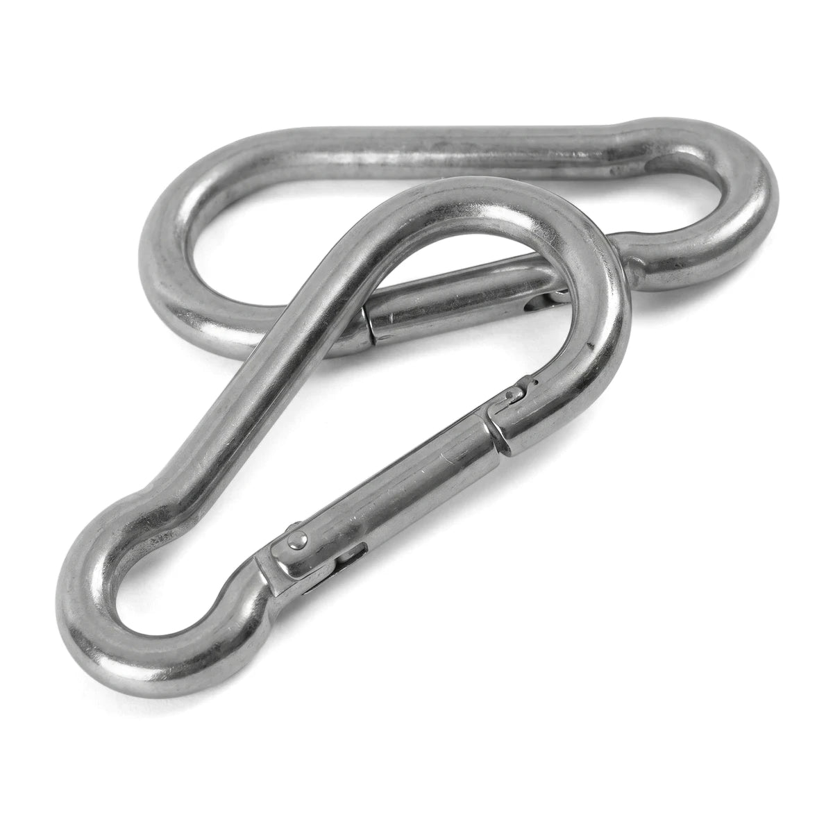 Two silver M8x80 stainless steel 304 carabiner hooks interlinked, viewed from a slightly elevated angle.