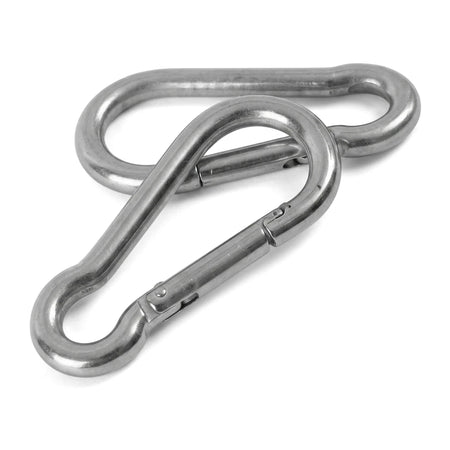 Two silver M8x80 stainless steel 304 carabiner hooks interlinked, viewed from a slightly elevated angle.