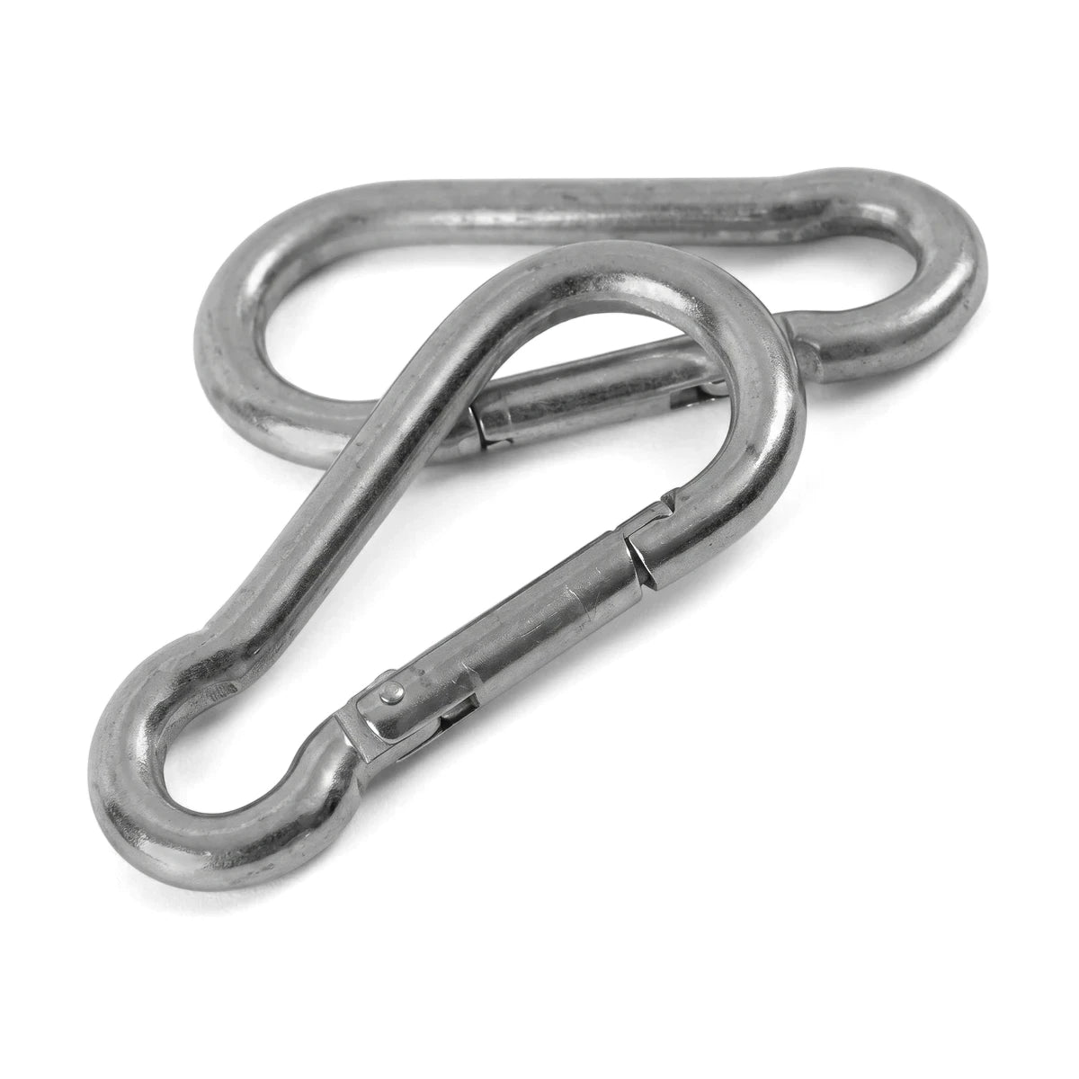 Two silver metal Carabine Hook M6X60 pieces, interlocked and suitable for securing, displayed against a white background.