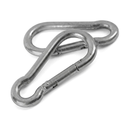 Two silver metal Carabine Hook M6X60 pieces, interlocked and suitable for securing, displayed against a white background.