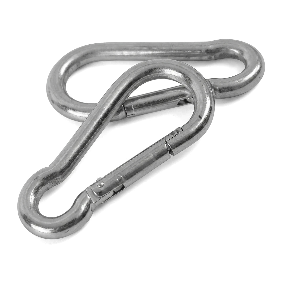 Two silver metallic M4x40 carabiner hooks, overlapping slightly, with visible spring-loaded gates, used for secure fastening.