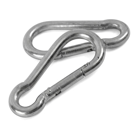 Two silver metallic M4x40 carabiner hooks, overlapping slightly, with visible spring-loaded gates, used for secure fastening.