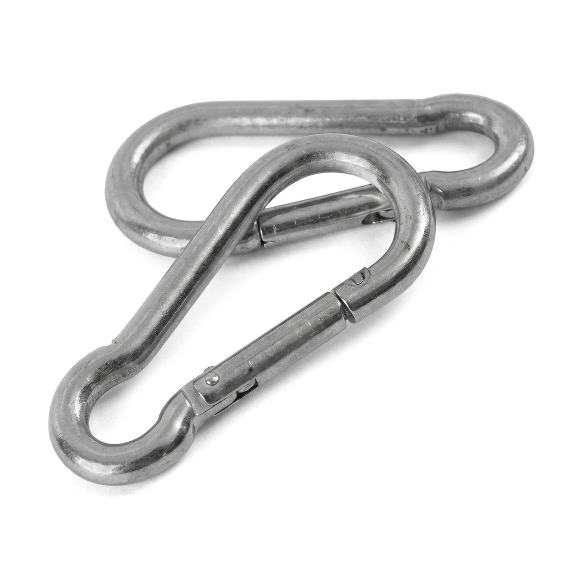 Two silver metallic M8X80 carabiner hooks, arranged with one slightly overlapping the other, ideal for securing items.
