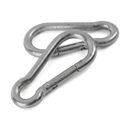 Two silver metallic M8X80 carabiner hooks, arranged with one slightly overlapping the other, ideal for securing items.