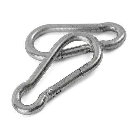 Two silver metallic M8X80 carabiner hooks, arranged with one slightly overlapping the other, ideal for securing items.