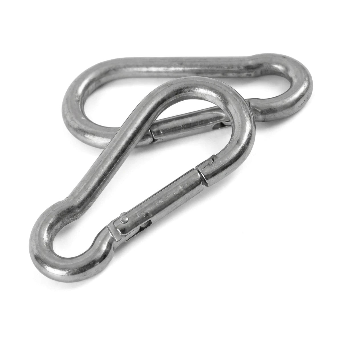 Two silver stainless steel carabiner hooks, M10X100-Ss 304 padlock style, interlocking on a white background.