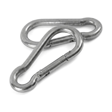 Two silver stainless steel carabiner hooks, M10X100-Ss 304 padlock style, interlocking on a white background.