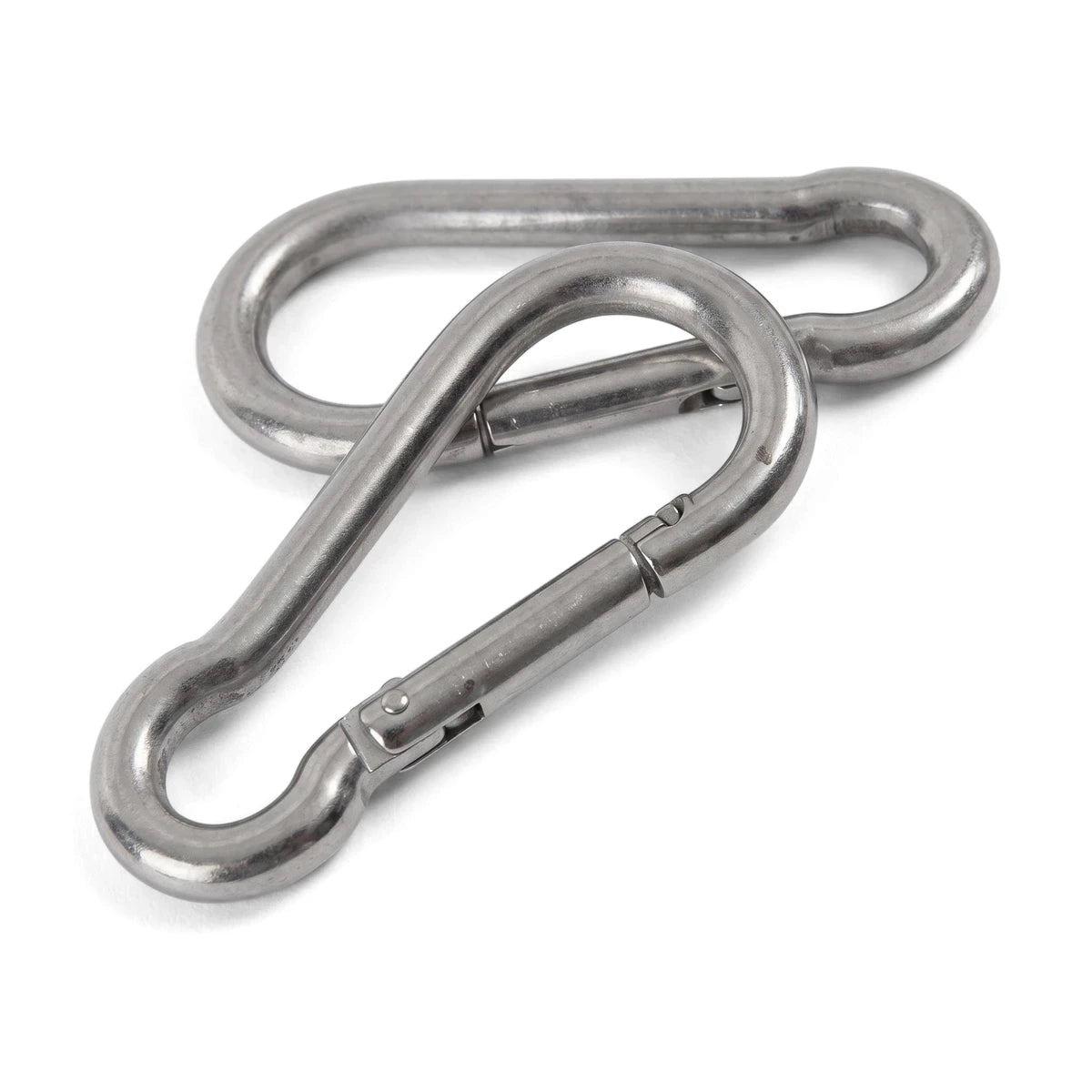 Two silver stainless steel carabiner hooks, M6X60, one interlocking with the other, against a white background.