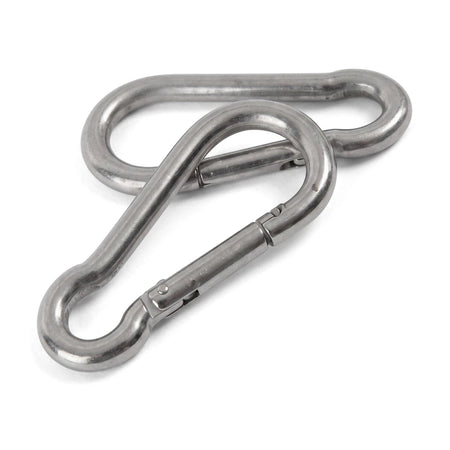 Two silver stainless steel carabiner hooks, M6X60, one interlocking with the other, against a white background.