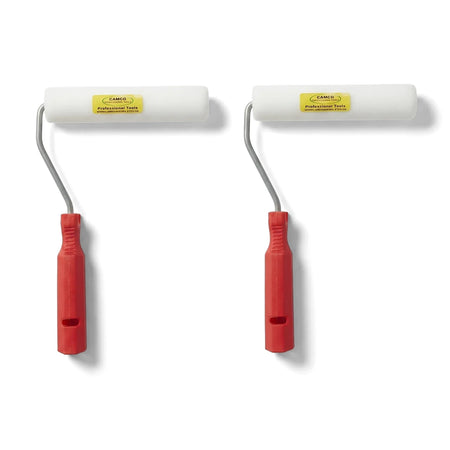 Two white 150 mm sponge paint rollers with red handles, packaged as a 2-pack for professional use.