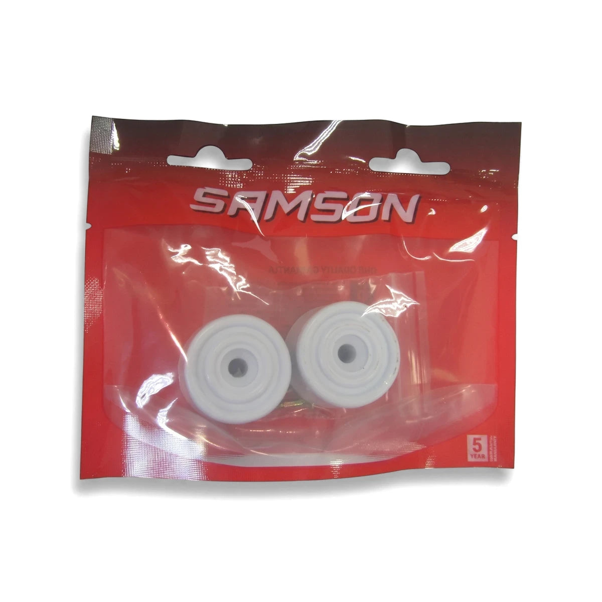 Two white round rubber door stops, packaged in a clear red plastic bag with branding, presented against a white background.
