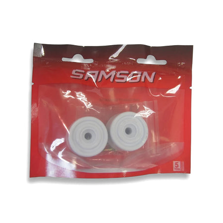 Two white round rubber door stops, packaged in a clear red plastic bag with branding, presented against a white background.