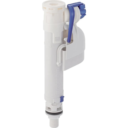 White plastic Type 360 Bottom-Entry Fill Valve with blue lever and clips for plumbing applications, shown standing upright.