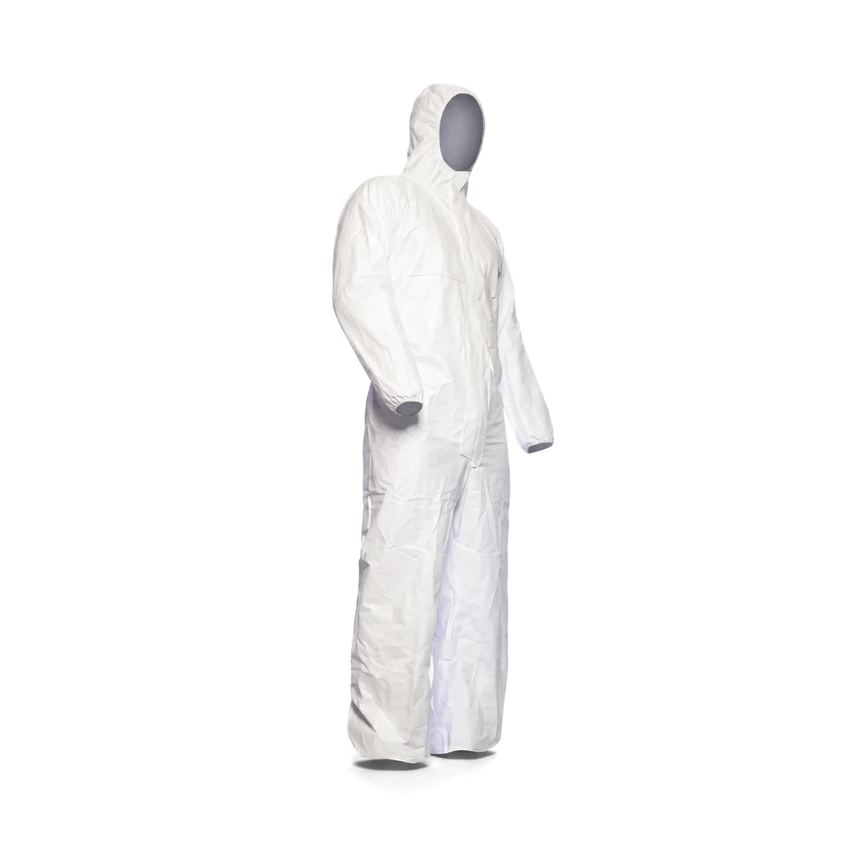 White Tyvek Classic 500 Xpert disposable coverall on a grey mannequin, shown in a full-body view, ideal for protective use.