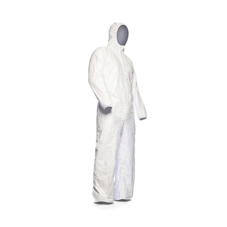 White Tyvek Classic 500 Xpert disposable coverall on a grey mannequin, shown in a full-body view, ideal for protective use.