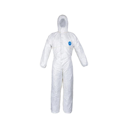 White Tyvek Easysafe 200 disposable coverall, full body view, designed for protection and safety.