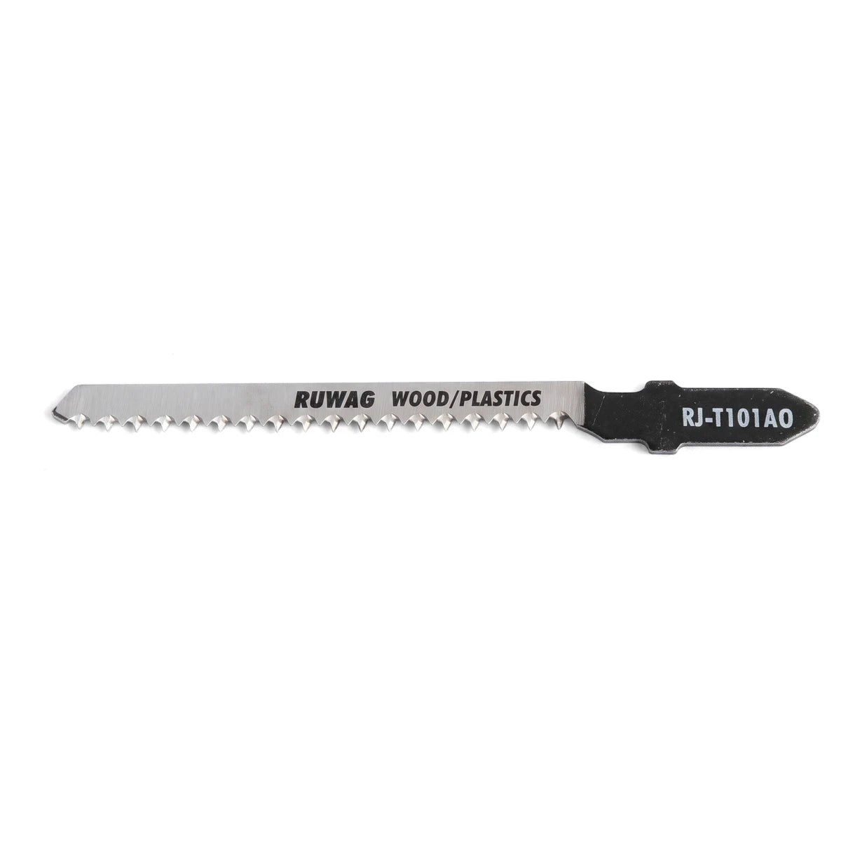 U101Ao Wood & Plastic Cutting Jigsaw Blade with U-Shank, silver blade with black shank and fine teeth.