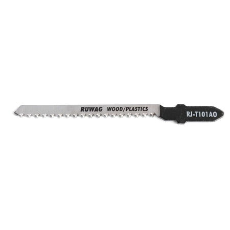 U101Ao Wood & Plastic Cutting Jigsaw Blade with U-Shank, silver blade with black shank and fine teeth.