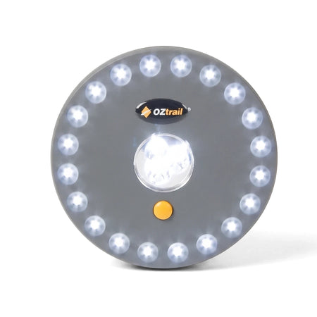 UFO Camping Tent Light, 100 Lumens, circular gray LED light with multiple illuminated bulbs and an orange power button.