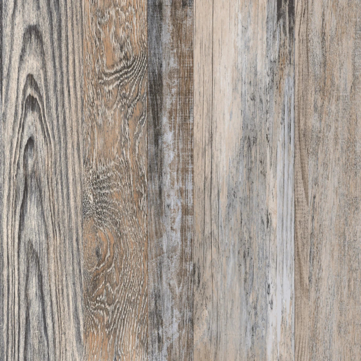 Distressed Ukhuni Espresso 40x40.5cm wood effect tiles showcasing varied grey and brown grain patterns.