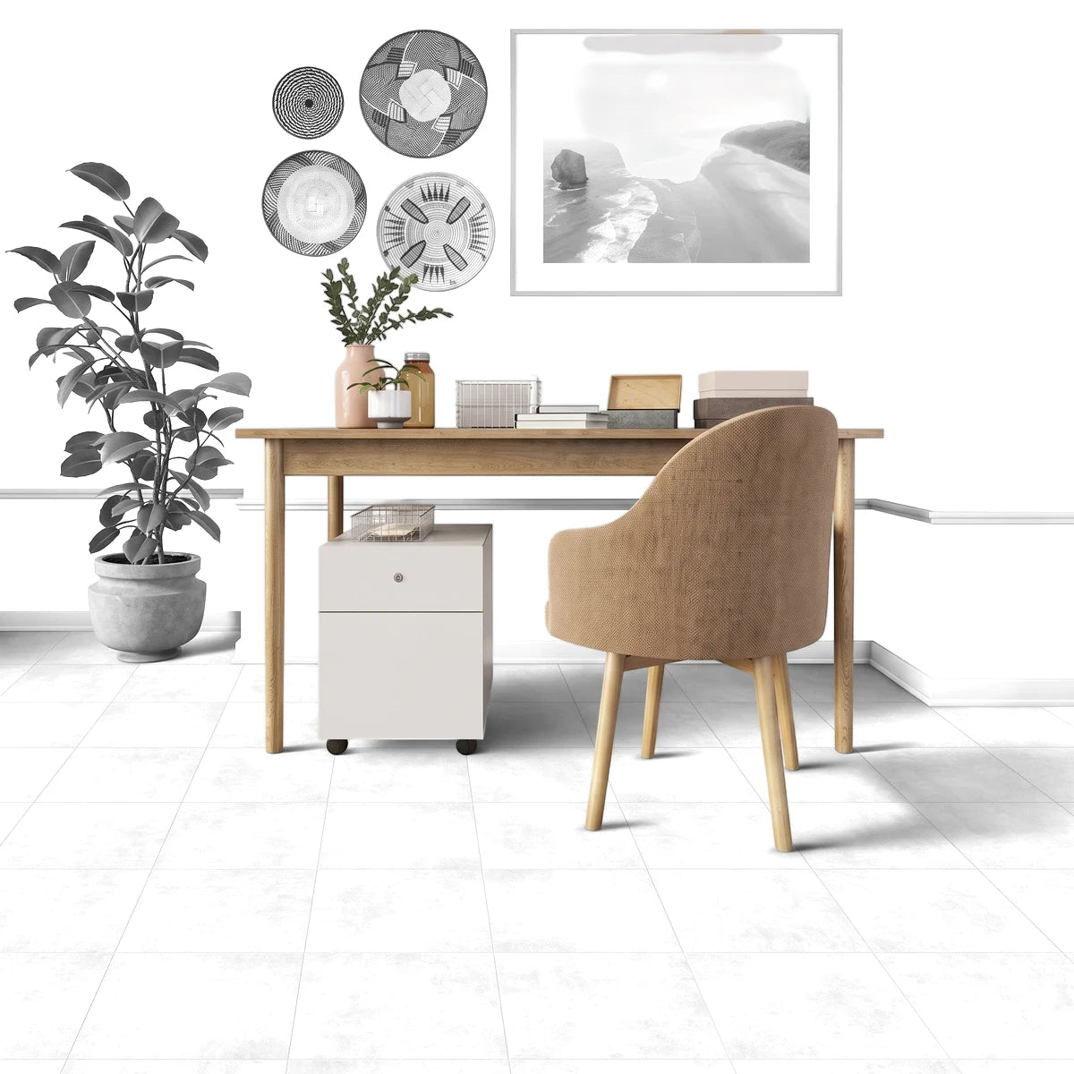 Ulysses Bone 33x33cm tiles covering the floor of a modern home office with a wooden desk and brown chair.