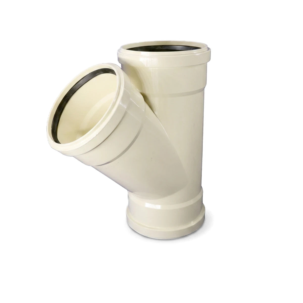 Underground 160mm 45-degree cream plastic Y-junction pipe with rubber ring seals for plumbing applications.
